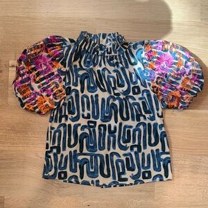 THML Blue & Multicolor embroidered Puff-Sleeve button back Top Women’s XS